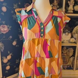 Umgee Colorblock Tiered Dress in Mustard, Hot Pink & Teal